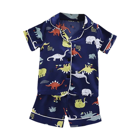 Kids Pajamas Dinosaur Print Nighdress Baby Boy Girls Pajamas Sleepwear Button T Shirt Shorts Set Outfits Toddler Sleepwear Set