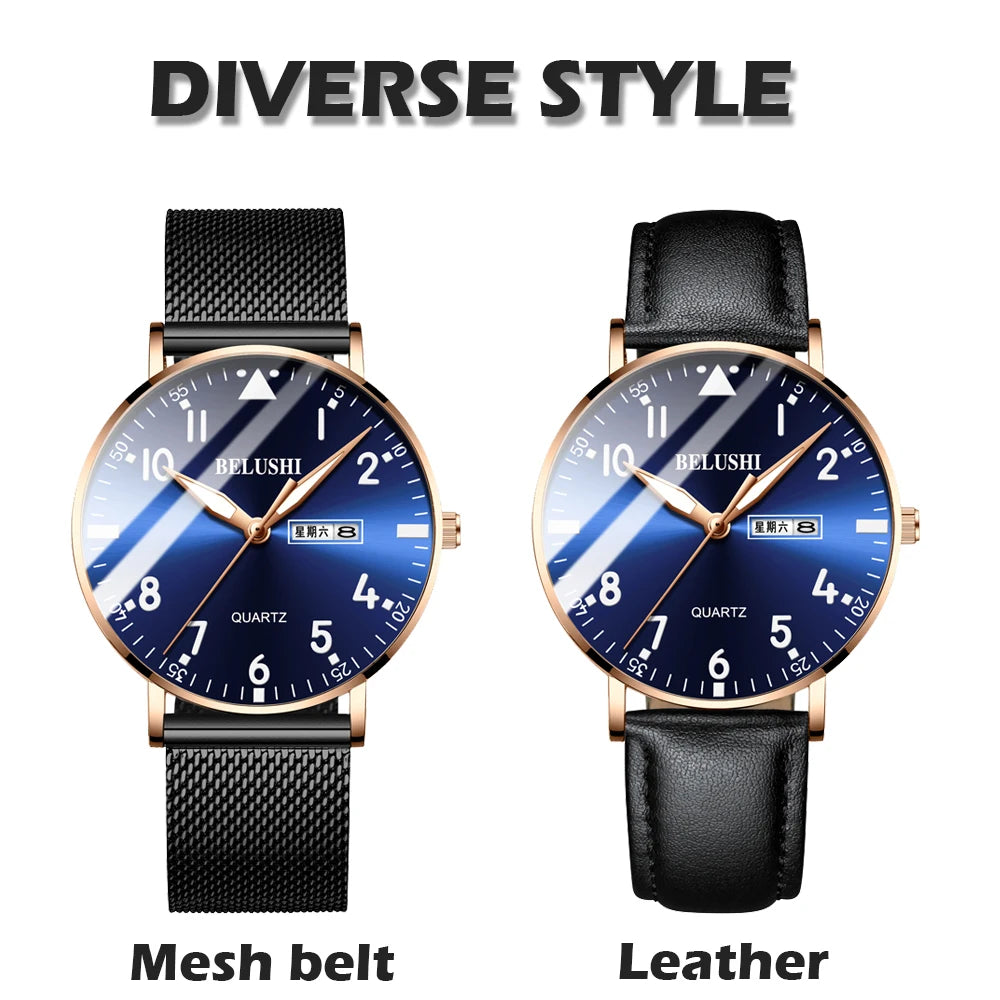 BELUSHI Mens Watches Slim Mesh Waterproof Top Luxury Brand Quartz Watch Men Stainless steel mesh Belt Sport Wrist Watch