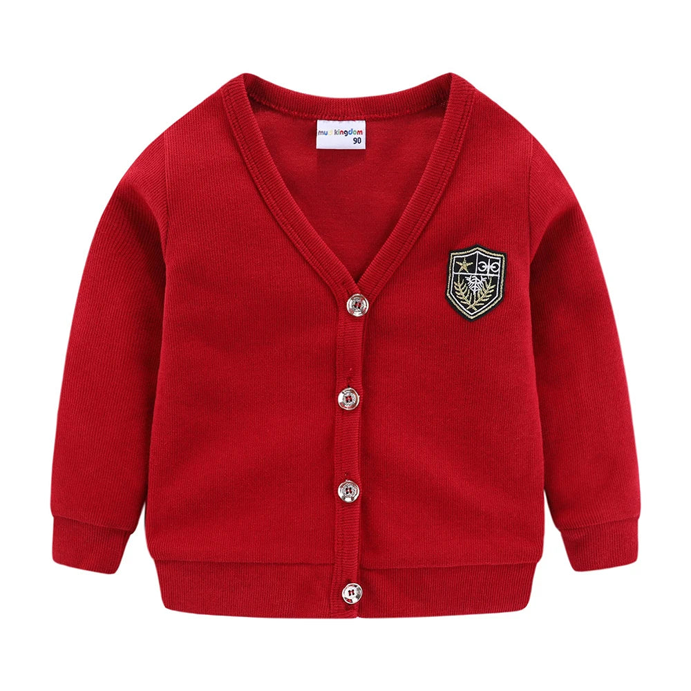 Mudkingdom Boys Girls Cardigan Outerwear Embroidery Applique Single Breasted Kids Sweater Long Sleeve V-neck Coat Boy Clothes