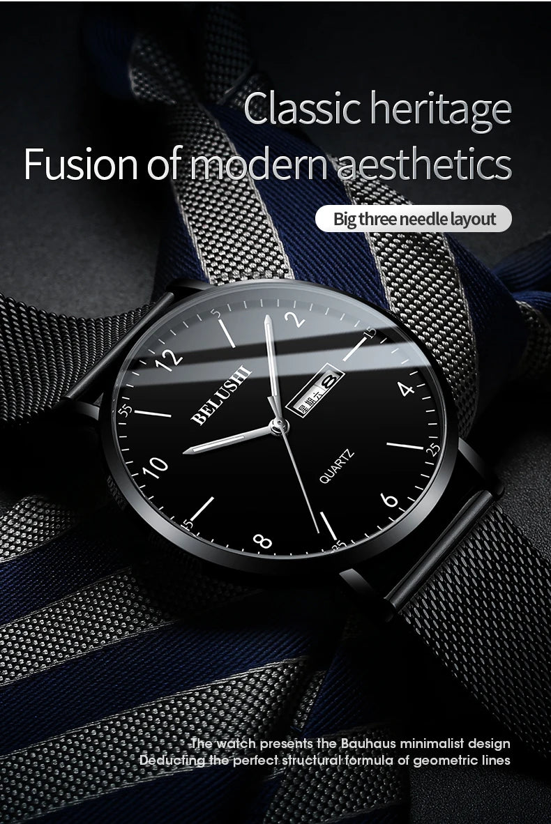 BELUSHI Quartz Watch for Men Luxury Mesh Steel Casual Watches Waterproof Business Male Wristwatch