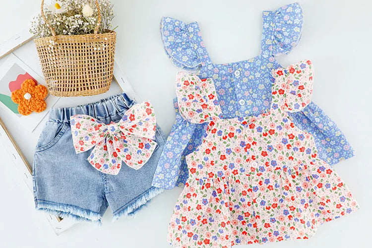 Ropa de verano para niño niña, conjunto para bebé, vestido de princesa estampado para niño, tirantes florales, pantalones cortos vaqueros con lazo, traje para niño