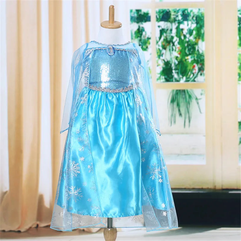 Kids Baby Girl Blue Fancy Dress Frozen Anna Elsa Cosplay Costume Dresses Princess Queen Party Gown Tulle Dresses 4-8 Years