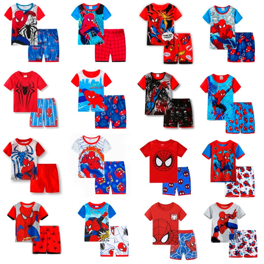 Children Pajamas Spring Short Sleeve T-Shirt Pant Sport Set ron Man SpiderMan Cartoon Kid Boy Girl Baby Sleepwear 1-7Y