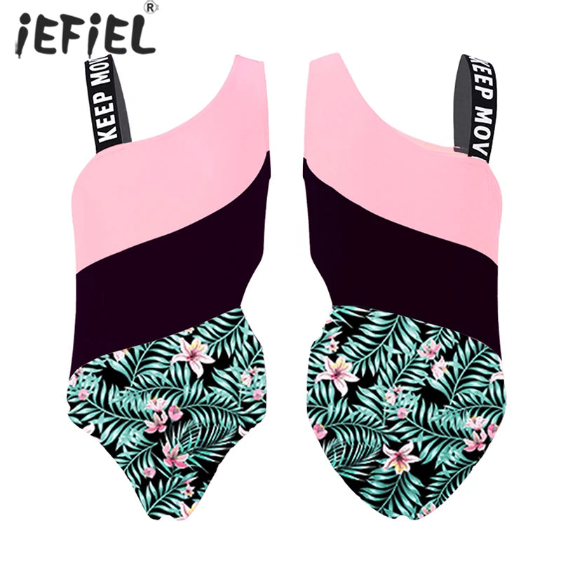 Kids Girl One Piece Swimsuit Child Asymmetrical One Shoulder Print Bathing Suit Teen Monokini Hollow Out Waist Children Swimwear