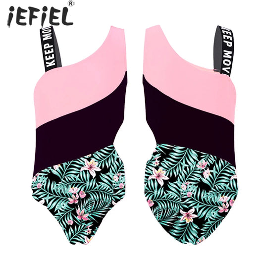 Kids Girl One Piece Swimsuit Child Asymmetrical One Shoulder Print Bathing Suit Teen Monokini Hollow Out Waist Children Swimwear