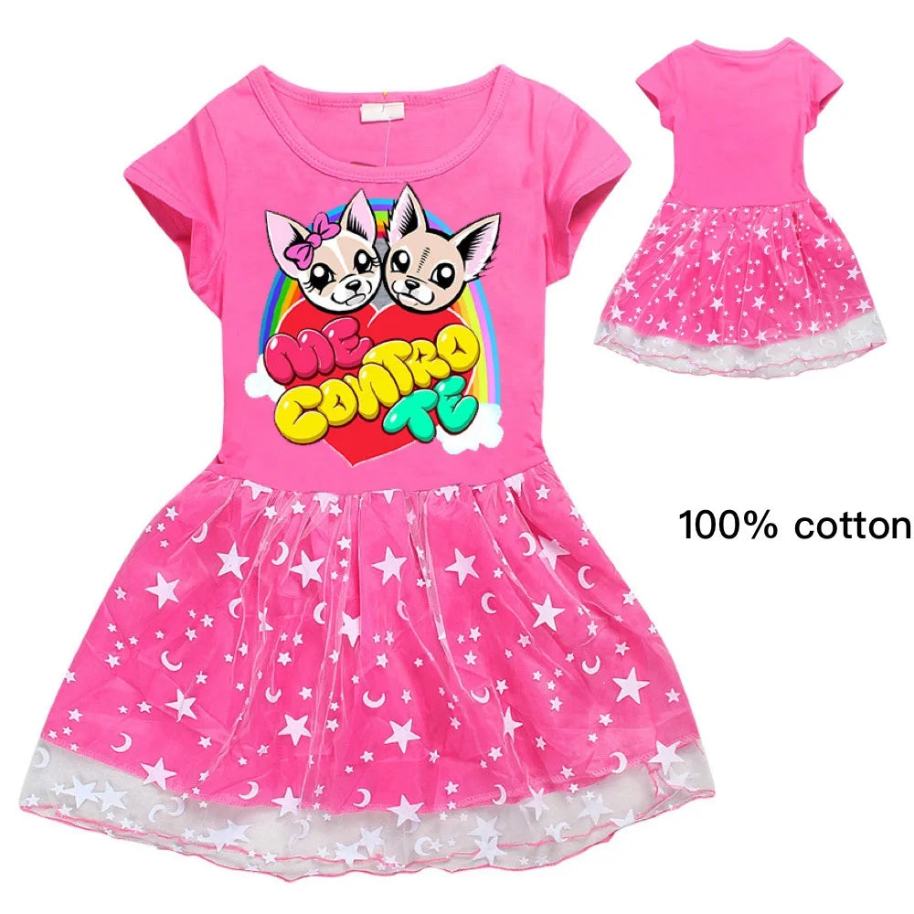 Fashion me contro te Kids Clothes Knee-Length Dresses Cute Cotton Gauze Full Dress Teenagers Cartoon Baby Girls Party Clothing