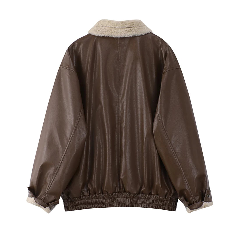 Winter Women's Fur Leather Jacket Long Sleeved Loose Warm Lamb Wool Vintage Thickened Locomotive Lapel Female PU Motorcycle Coat