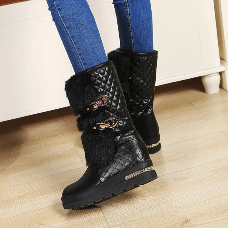 New Winter Warm Snow Boots Women Thick Fur Insidewedges Heel Mid-calf Female White Black Platform Boots 581