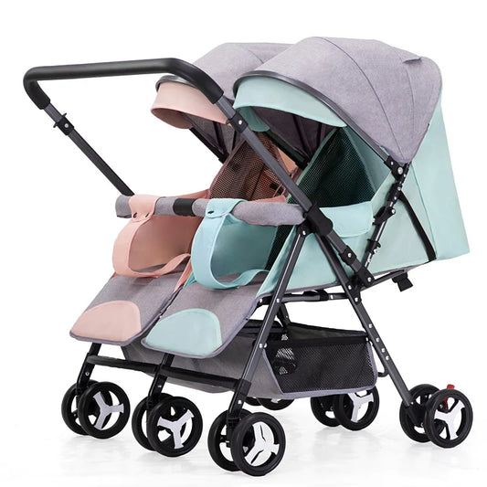 Portable Folding Double Seat Baby Stroller Popular Twin Pram for Two Babies with Sitting and Sleeping Features