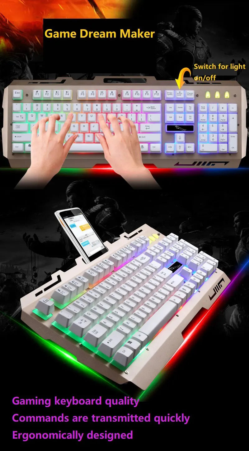 Wired Gaming Keyboard with Phone Holder Suspended Button Mechanical Touch Sense Metal Panel 104 Laser Gamer Keycaps RGB Lighting