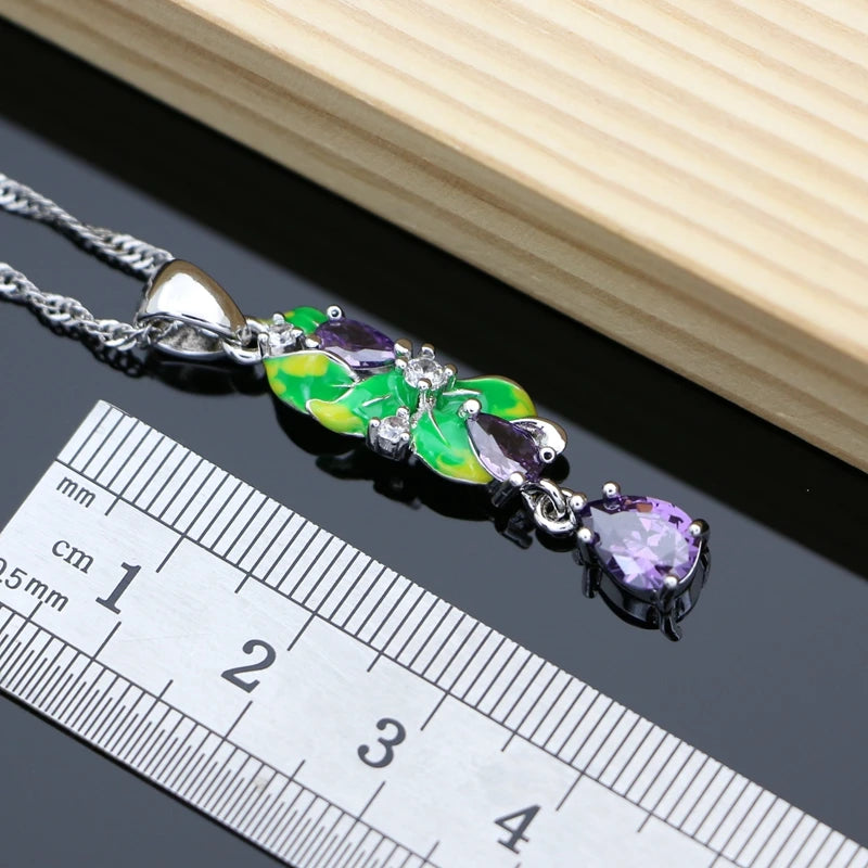 Purple Amethyst Silver 925 Jewelry Sets Charm Enamel Drop Earrings Women Handmade Decoration Luxury Jewellry