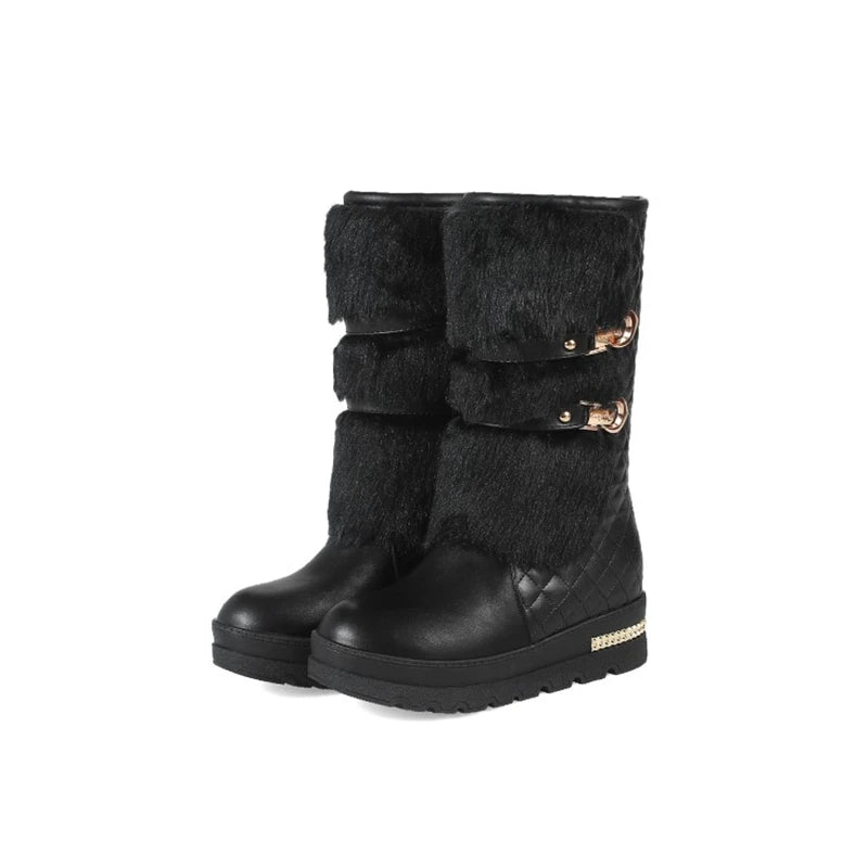 New Winter Warm Snow Boots Women Thick Fur Insidewedges Heel Mid-calf Female White Black Platform Boots 581