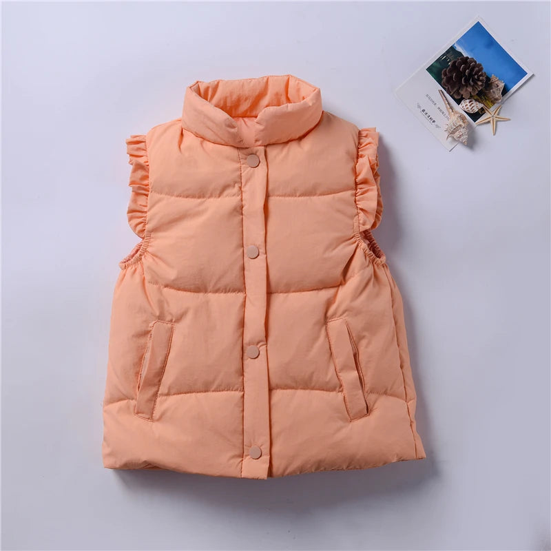 Winter Baby and Girls Ruffled Sleeves Single-Breasted Puffer Vest Jackets School Kids Down Waistcoat Child Outfit Tops 2-10 Yr