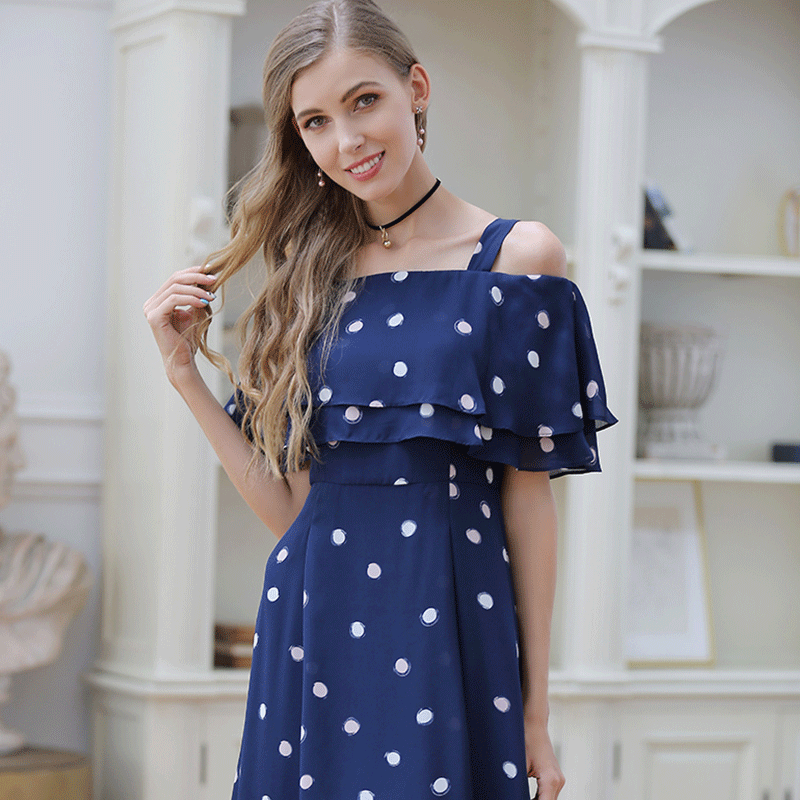 Autumn and Winter Chiffon Polka Dots A- line Dress Sexy Strap
