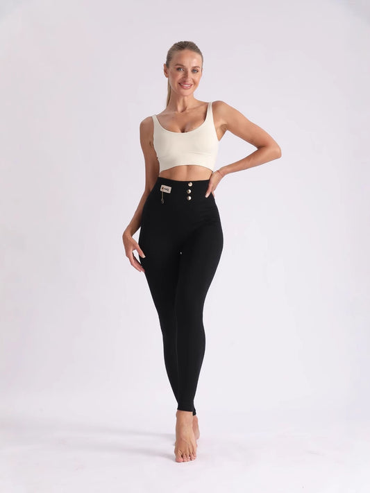 Cross-Border High-Waisted, High-Elastic, Slim-Fitting Nine-Point Black Modal Leggings for Women with Three Rows of Buttons and Labels That Can Be Worn Outside