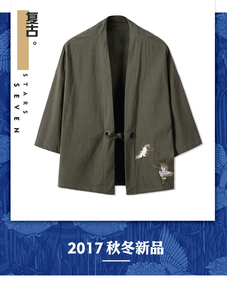 Men Kimono Crane Embroidery Harajuku Japanese Style Cardigan Casual Cotton Men Samurai Costume Yukata Asian Clothes Men Jackets