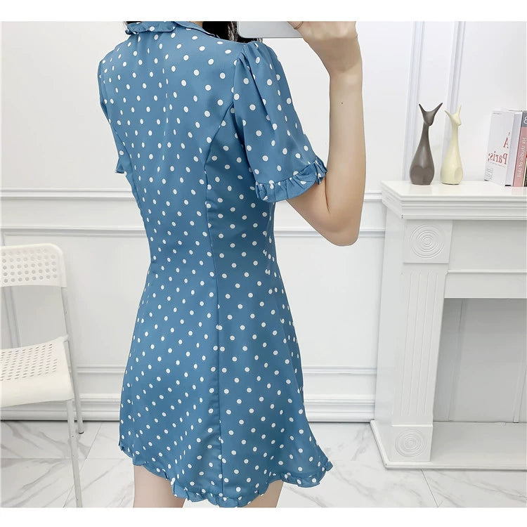 Women's Polka-Dotted Sweet Wooden Ear Slim Fit Dress