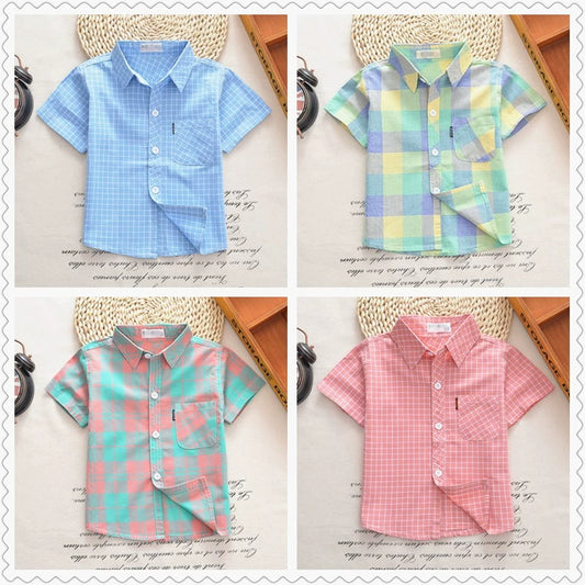 Summer Breathable Cotton Check Thin Boys Short Sleeve