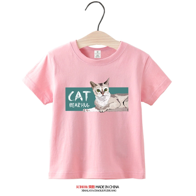 Kids T-Shirt Short Sleeve Kitty Pure Cotton Trendy Boys Girl 2024 New Arrival Medium and Large Children's Clothing Summer Half Sleeve Clothes