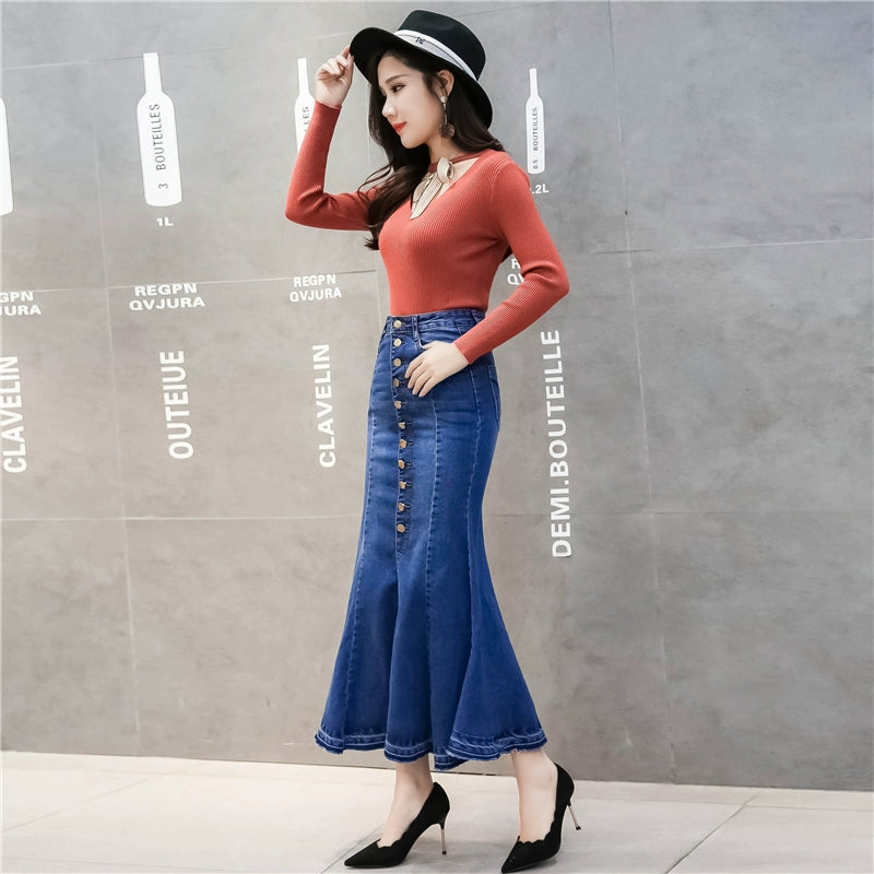 Fashionable New Hip-Wrapped Breasted Denim Skirt