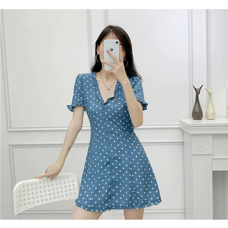 Women's Polka-Dotted Sweet Wooden Ear Slim Fit Dress