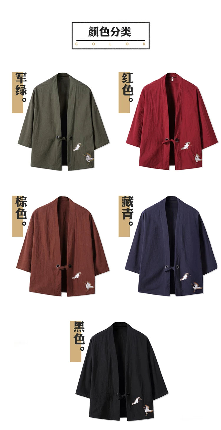 Men Kimono Crane Embroidery Harajuku Japanese Style Cardigan Casual Cotton Men Samurai Costume Yukata Asian Clothes Men Jackets