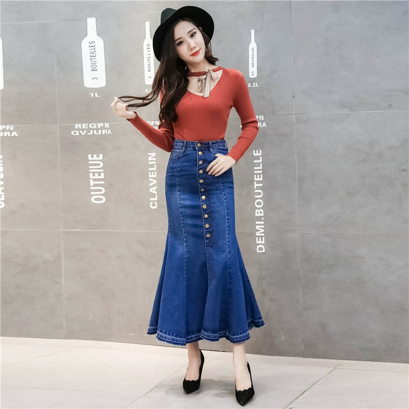 Fashionable New Hip-Wrapped Breasted Denim Skirt