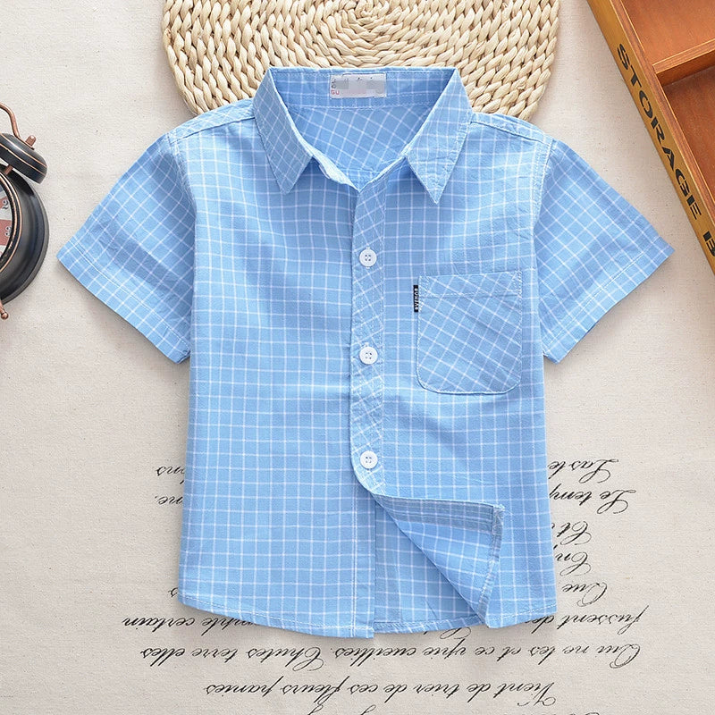 Summer Breathable Cotton Check Thin Boys Short Sleeve