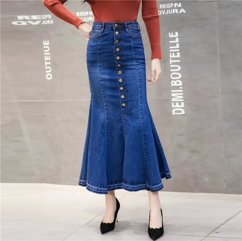 Fashionable New Hip-Wrapped Breasted Denim Skirt