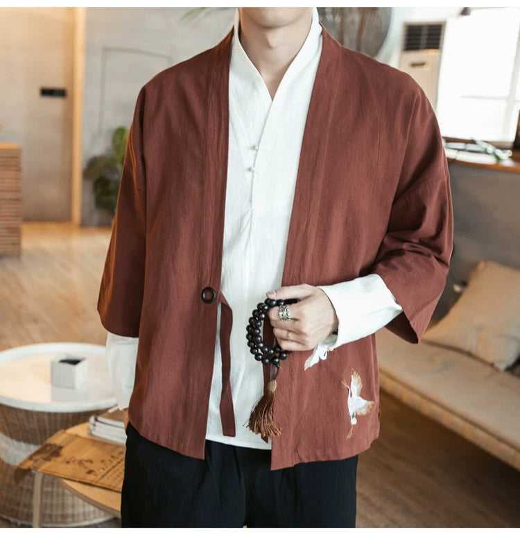 Men Kimono Crane Embroidery Harajuku Japanese Style Cardigan Casual Cotton Men Samurai Costume Yukata Asian Clothes Men Jackets