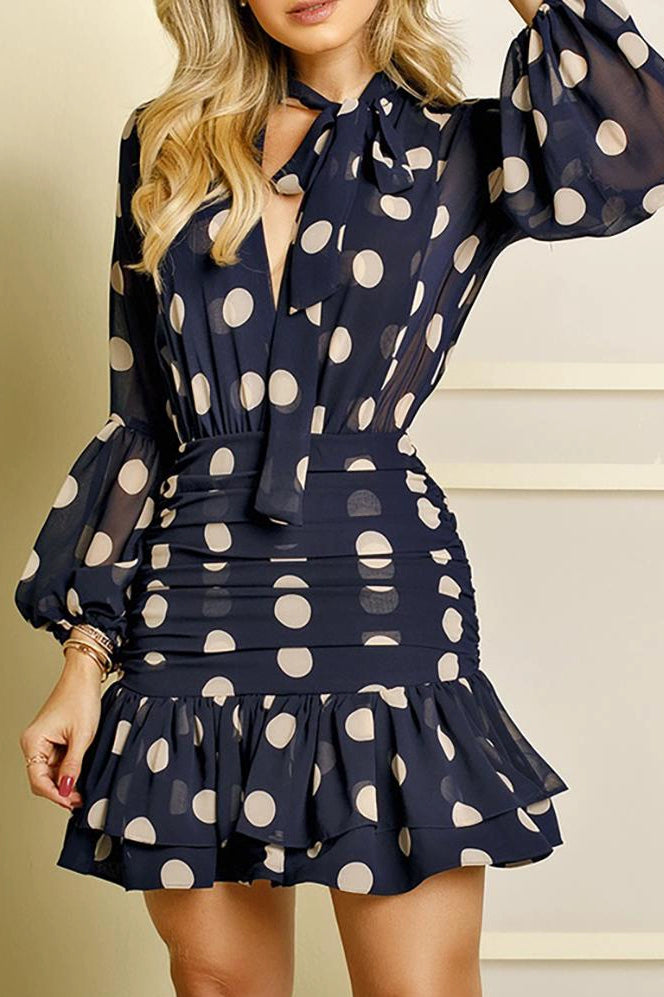 Polka Dot Print Lantern Sleeve Cinched Bodycon Dress