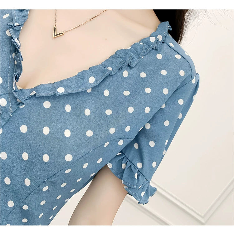 Women's Polka-Dotted Sweet Wooden Ear Slim Fit Dress