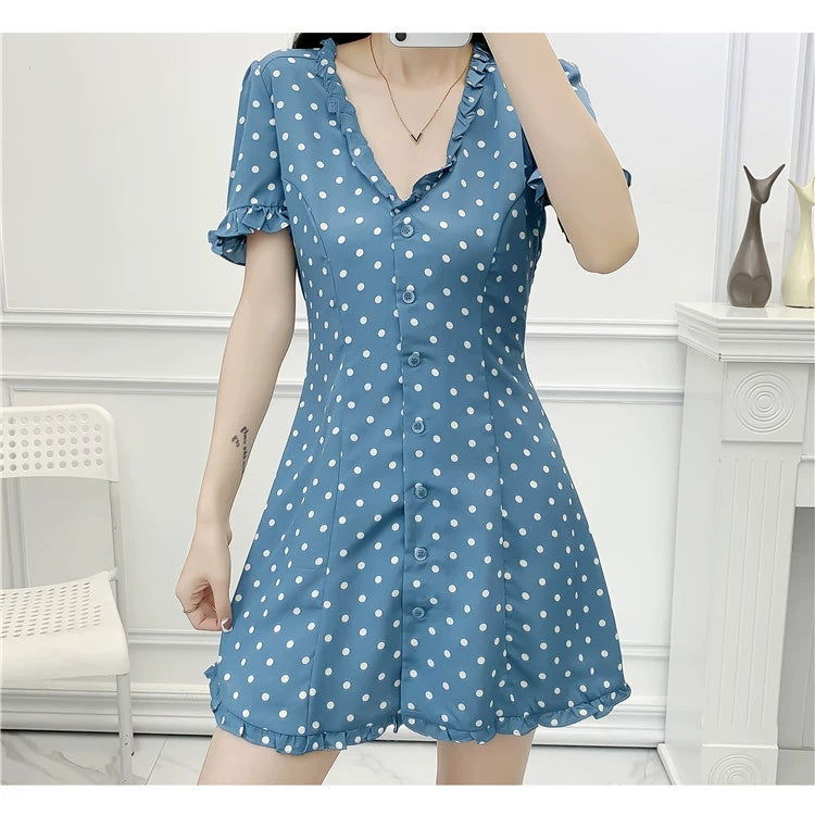 Women's Polka-Dotted Sweet Wooden Ear Slim Fit Dress