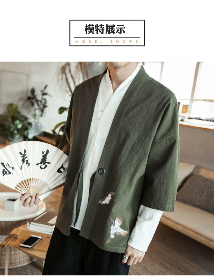 Men Kimono Crane Embroidery Harajuku Japanese Style Cardigan Casual Cotton Men Samurai Costume Yukata Asian Clothes Men Jackets