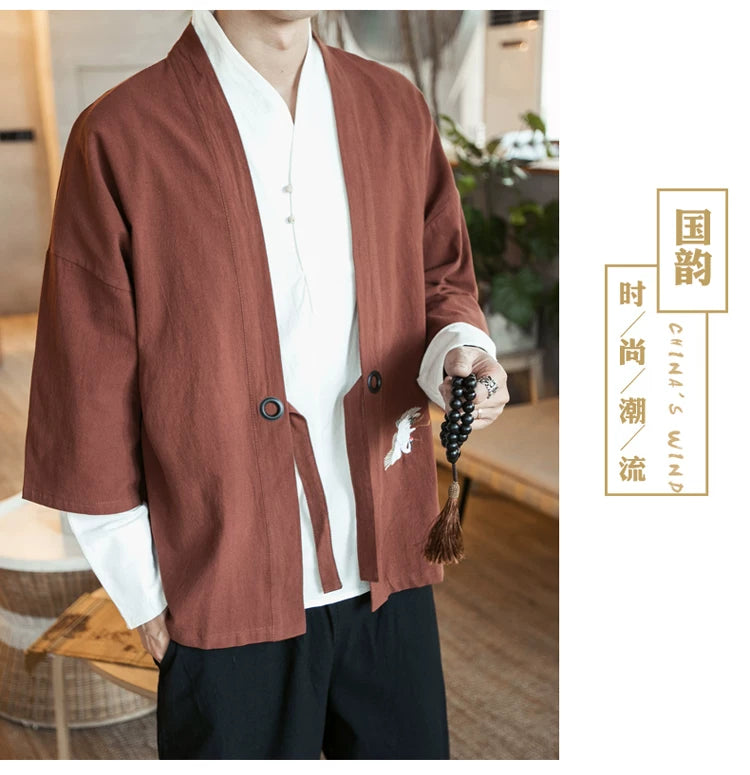 Men Kimono Crane Embroidery Harajuku Japanese Style Cardigan Casual Cotton Men Samurai Costume Yukata Asian Clothes Men Jackets