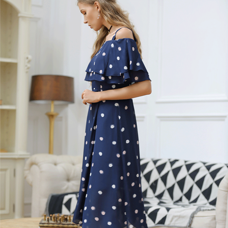 Autumn and Winter Chiffon Polka Dots A- line Dress Sexy Strap