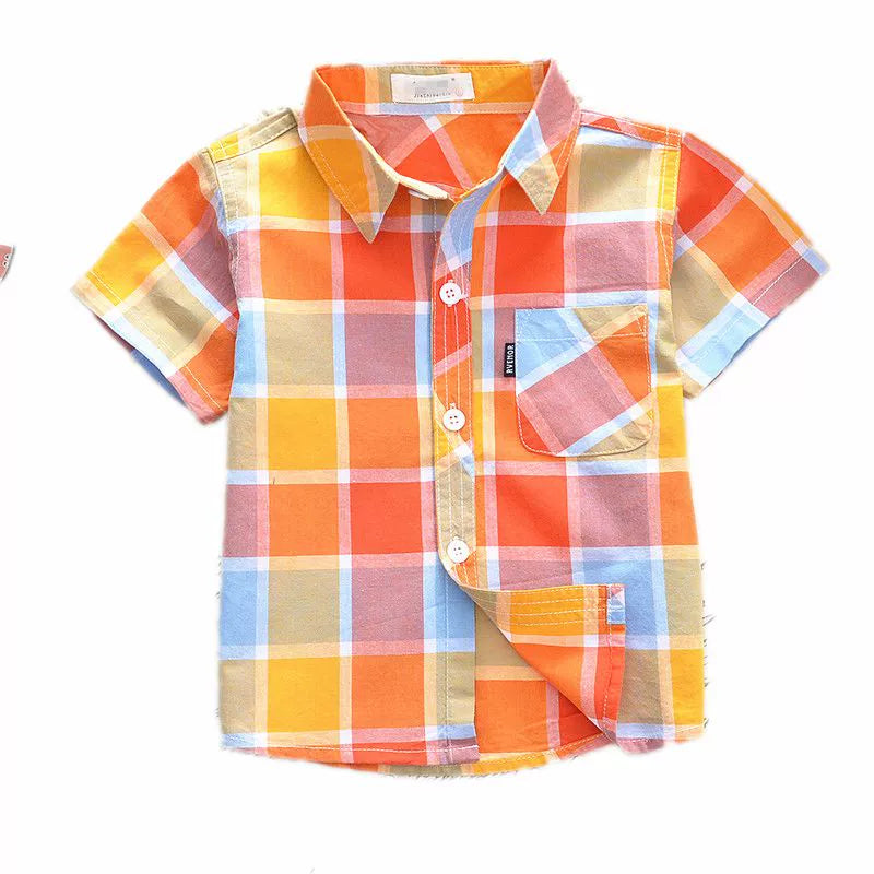 Summer Breathable Cotton Check Thin Boys Short Sleeve