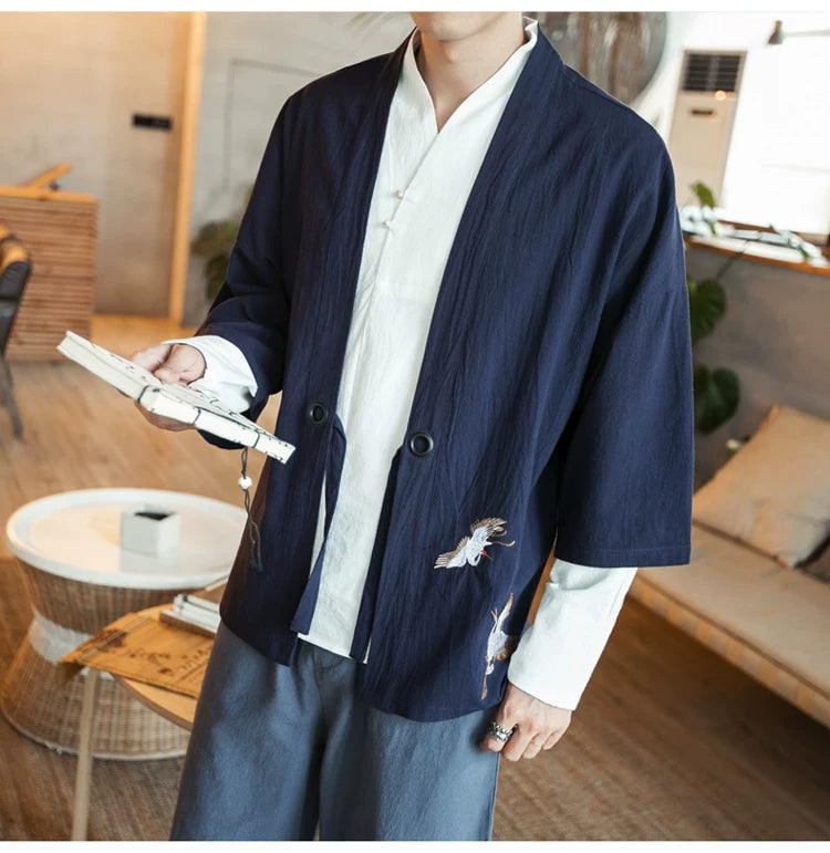 Men Kimono Crane Embroidery Harajuku Japanese Style Cardigan Casual Cotton Men Samurai Costume Yukata Asian Clothes Men Jackets