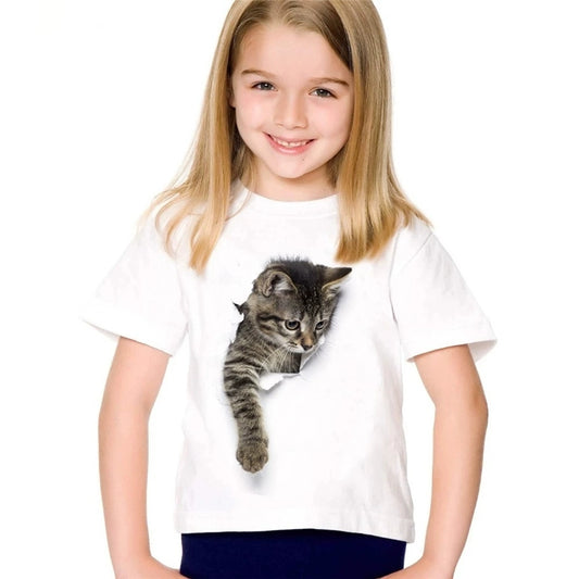 Camiseta básica blanca con estampado de gato de dibujos animados lindo