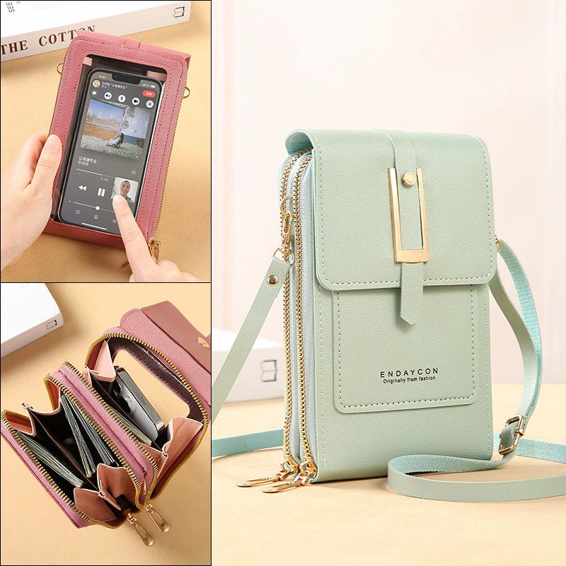 Internet Celebrity Transparent Touch Screen Mobile Phone Bag Double Zipper Multi-Card Position Simple Crossbody Bag Multi-Functional Vertical Coin Pocket