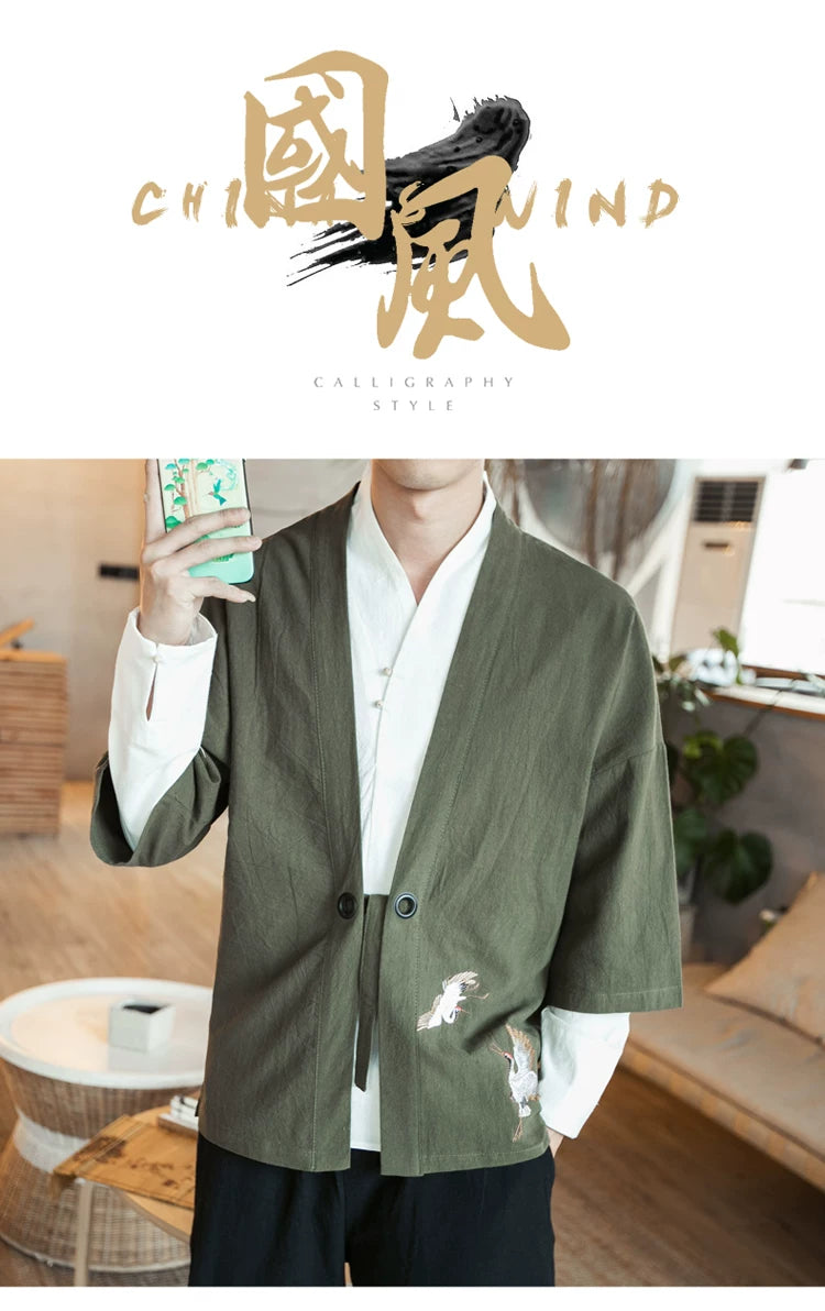 Men Kimono Crane Embroidery Harajuku Japanese Style Cardigan Casual Cotton Men Samurai Costume Yukata Asian Clothes Men Jackets