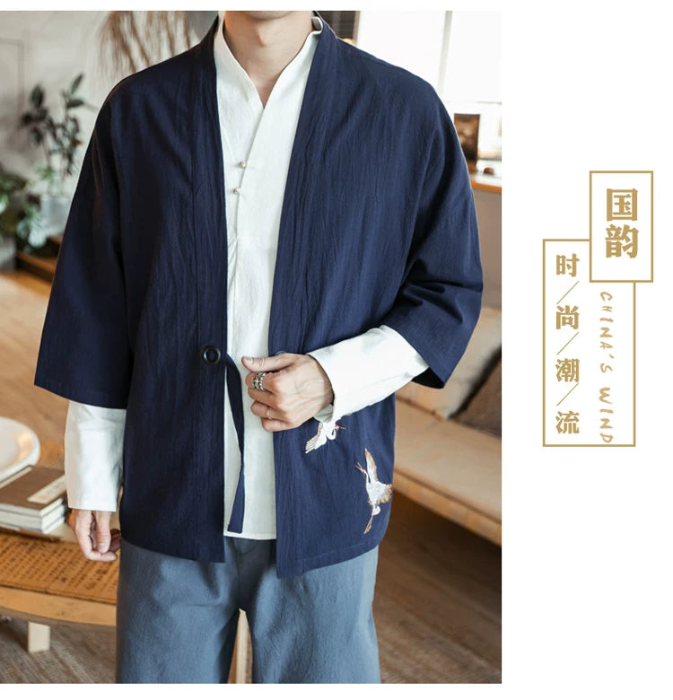 Men Kimono Crane Embroidery Harajuku Japanese Style Cardigan Casual Cotton Men Samurai Costume Yukata Asian Clothes Men Jackets
