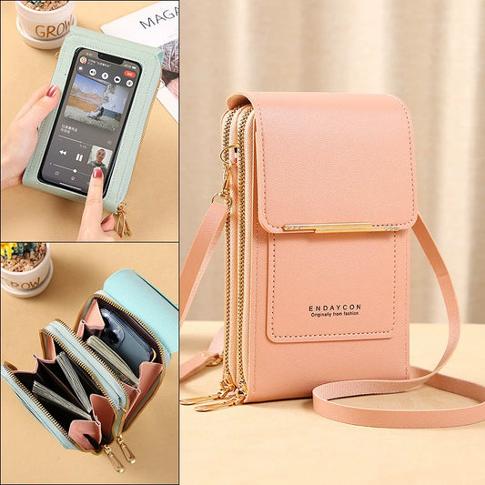 Internet Celebrity Transparent Touch Screen Mobile Phone Bag Double Zipper Multi-Card Position Simple Crossbody Bag Multi-Functional Vertical Coin Pocket