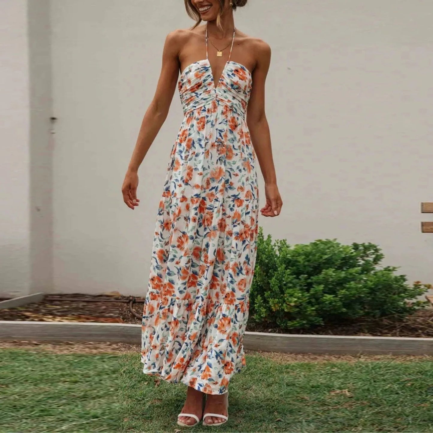 New Spaghetti Strap Long Dress Summer Women Fashion V-neck Sleeveless Print Elegant Backless Maxi Dresses For Woman Robe Femme