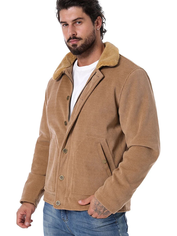 Men's Winter Corduroy Jacket Fleece Warm  Lined Cargo Work Jacket Casual Thick Sherpa Collar Trucker Deck Navy Coats