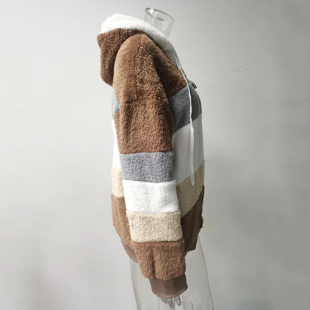 Winter Fashion Women's Coat 2025 Hooded Zipper Ladies Jacket Spliced Thick Cashmere Women Jacket Stitching Plaid Ladies Coats