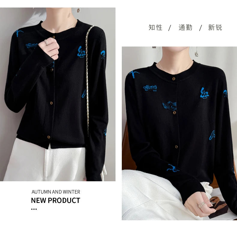 2025 New Merino Worsted Wool Women Sweater Spring Female Knitted Cardigan Long Sleeve Solid Clothing Tops Embroidery Outerwear