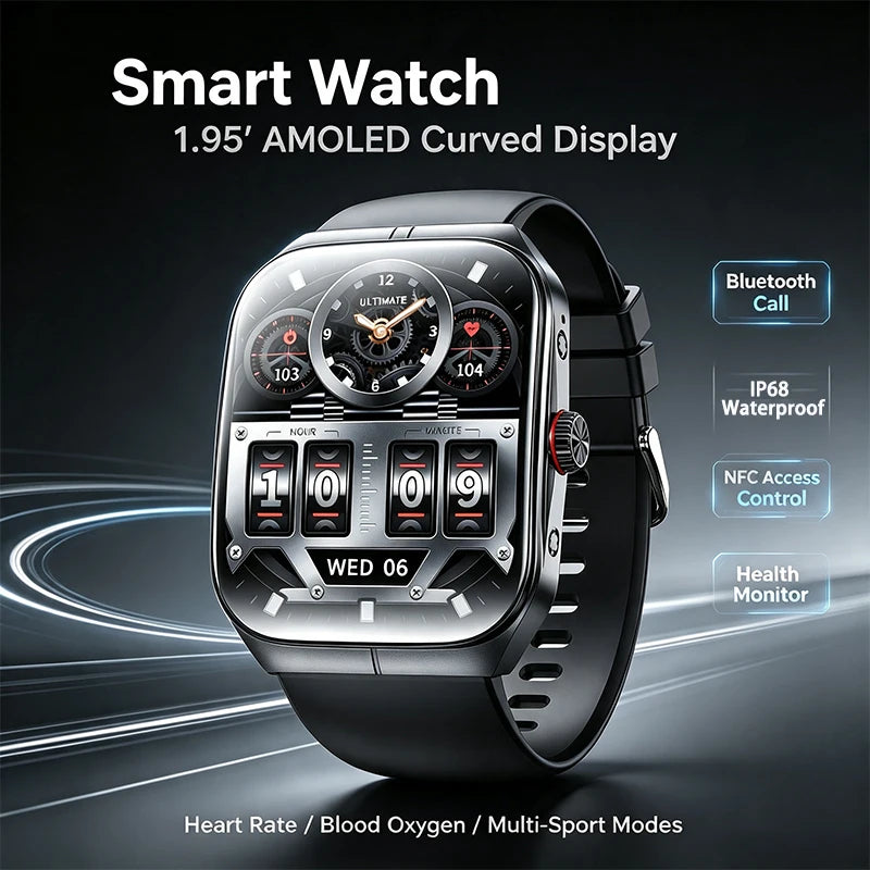 Smart Watch 1.95''AMOLED Curved Display BT Call NFCHeart Rate Monitor Multi-Sport Modes Fitness Tracker Smartwatch for Men Women
