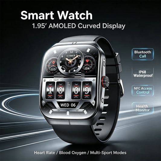 Smart Watch 1.95''AMOLED Curved Display BT Call NFCHeart Rate Monitor Multi-Sport Modes Fitness Tracker Smartwatch for Men Women