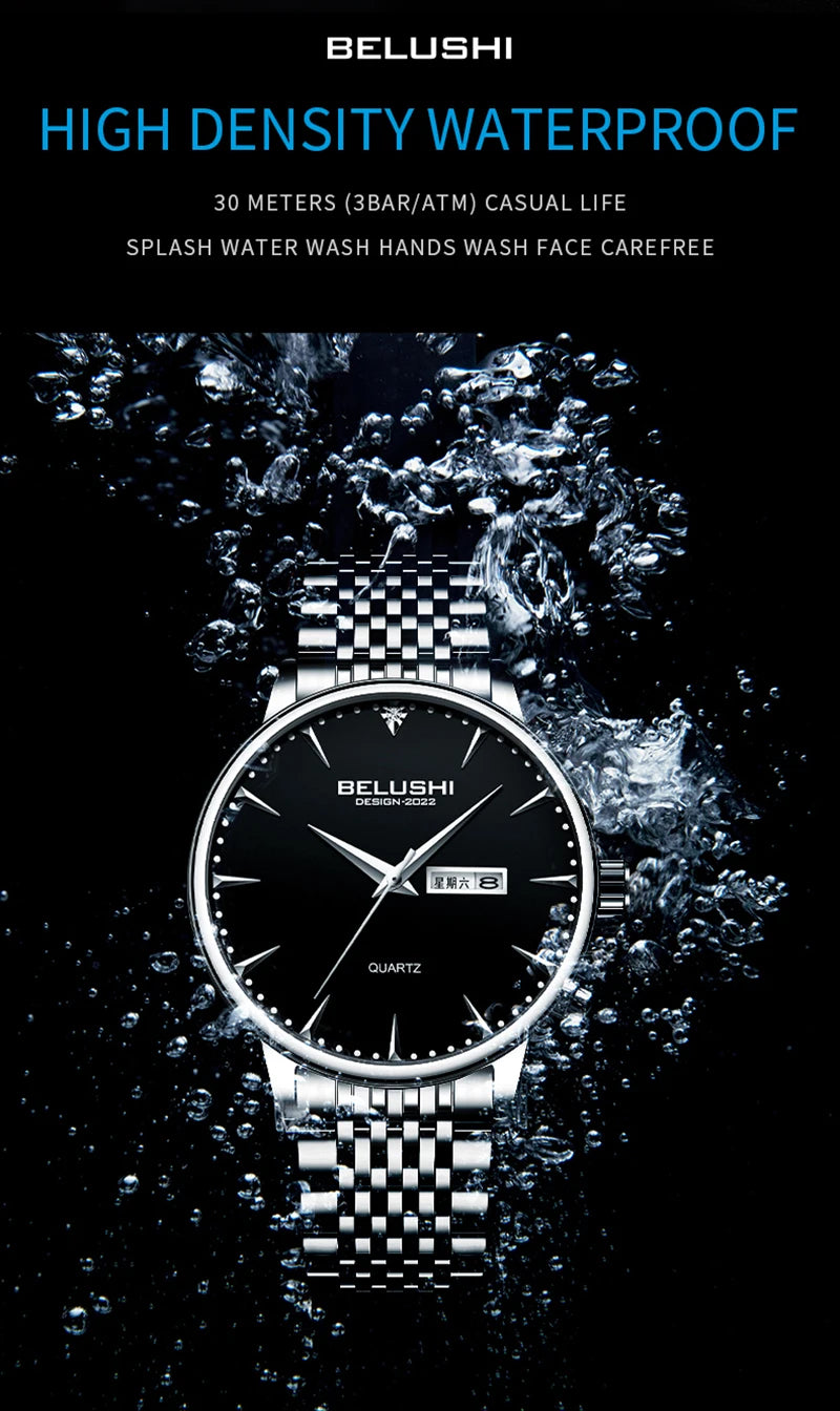 BELUSHI Minimalism Style Watch Men Luxury Top Brand Stainless Steel Quartz Clock Waterproof Calendar Fashion Gift Wristwatch New